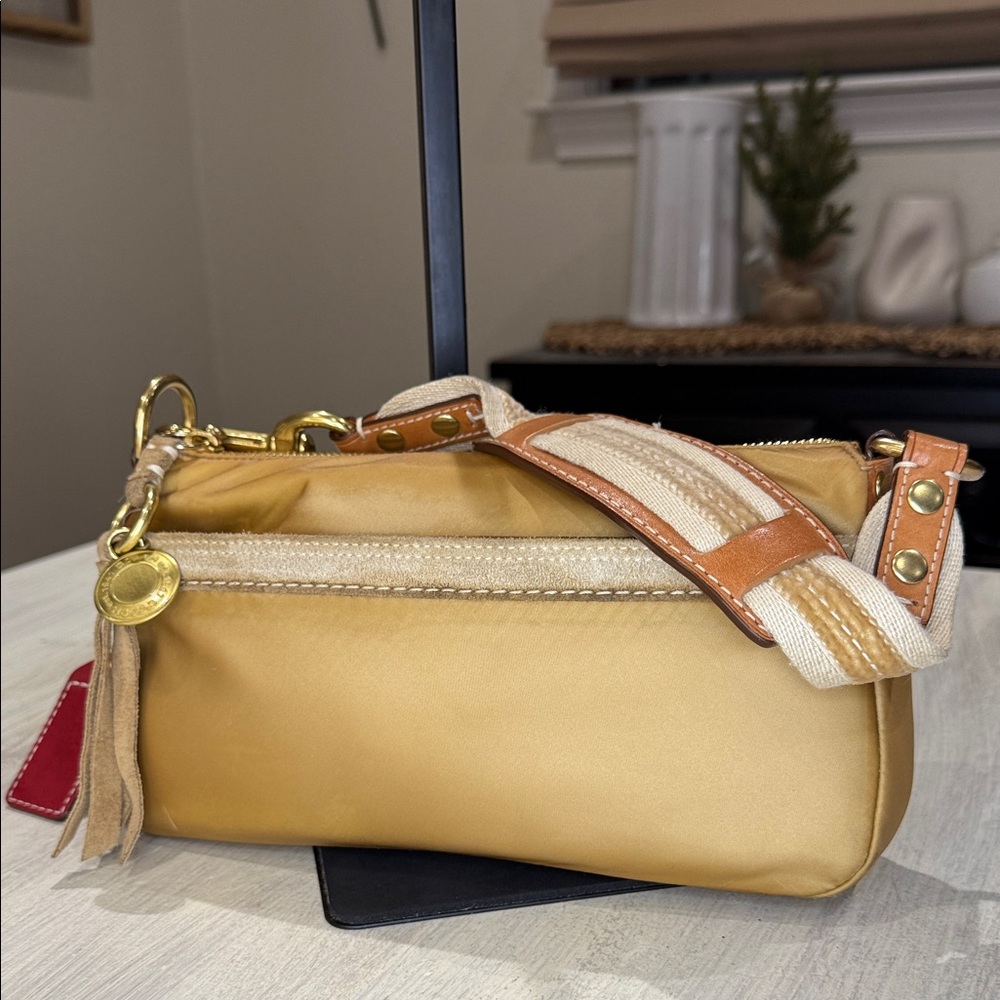 Rare Coach Beige Nylon Bag with Gold Details, Suede and Leather Accents